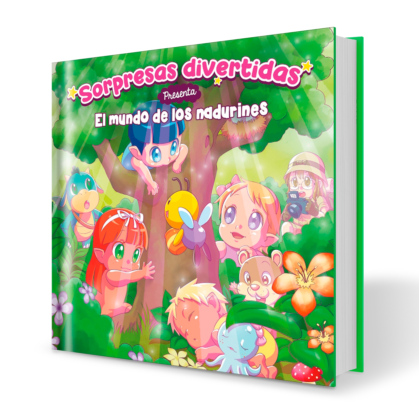 Portada del cuento "El Mundo de los Nadurines" de tapa dura con Petra, Nil, Malik y Neala jugando alrededor de un árbol con sus toris Marie, Darwin, Sally y Edison.