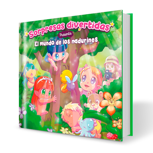 Portada del cuento "El Mundo de los Nadurines" de tapa dura con Petra, Nil, Malik y Neala jugando alrededor de un árbol con sus toris Marie, Darwin, Sally y Edison.
