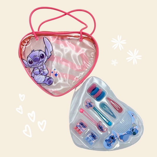 Bolso con forma de corazón con accesorios para el pelo: gomas elásticas de colores, gomas elásticas con colgante de stitch, pinzas, clips y peine.