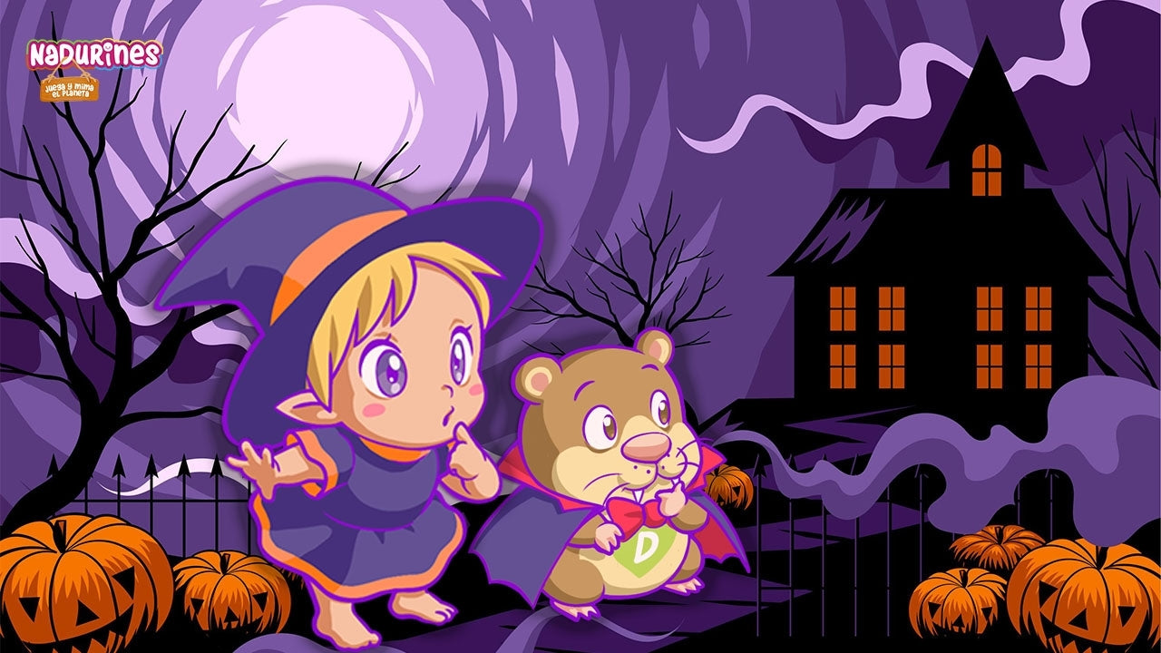 Neala y Darwin disfrazados de bruja y vampiro con un fondo de terror, una casa y calabazas.