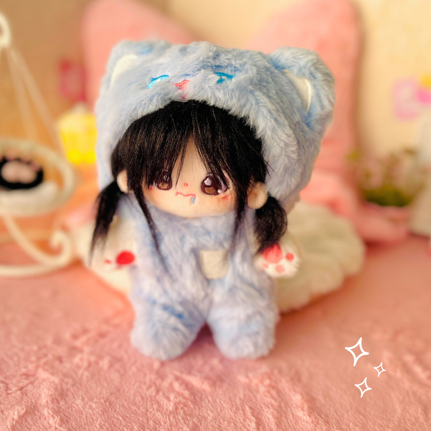 🐾 Pijama Gatito Azul Kawaii para Muñecas Cotton Doll 20cm